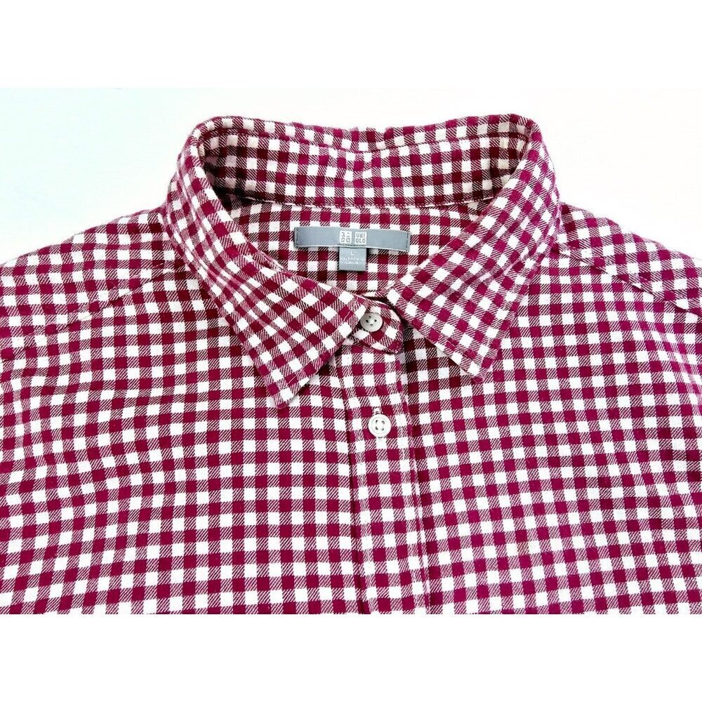 Uniqlo Size Large Womens Red White Check Flannel Long Sleeve Cotton Pocket Shirt - Picture 10 of 10